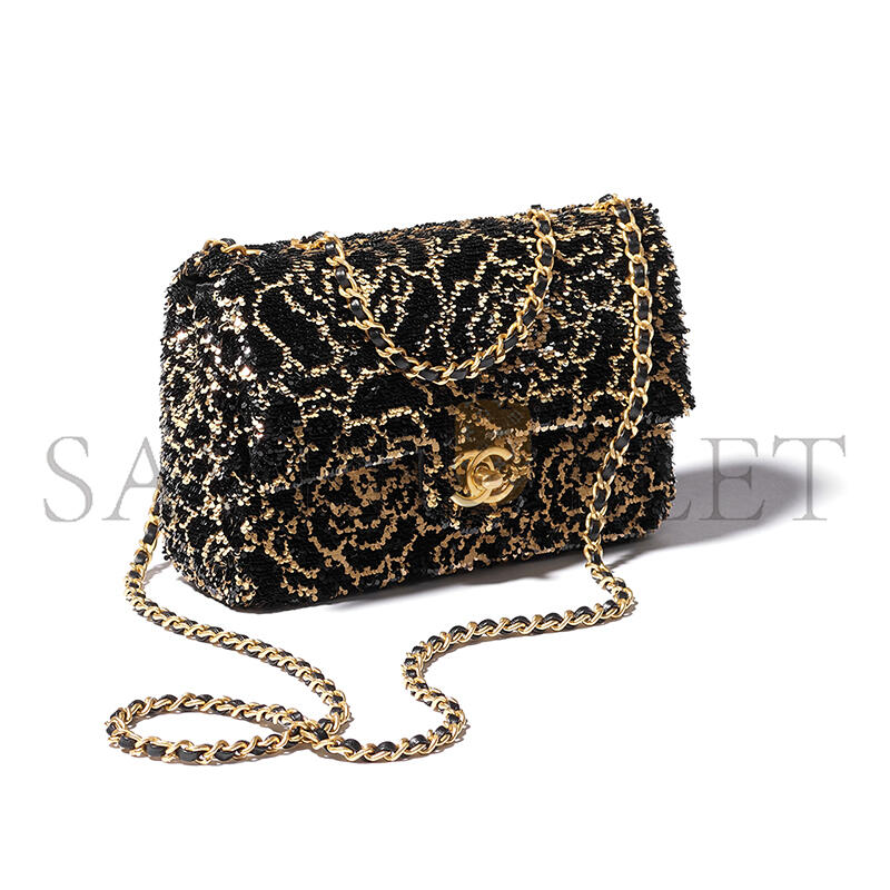 ch*el flap bag sequins & gold-tone metal G01den & black as4561 (21*14*8cm)